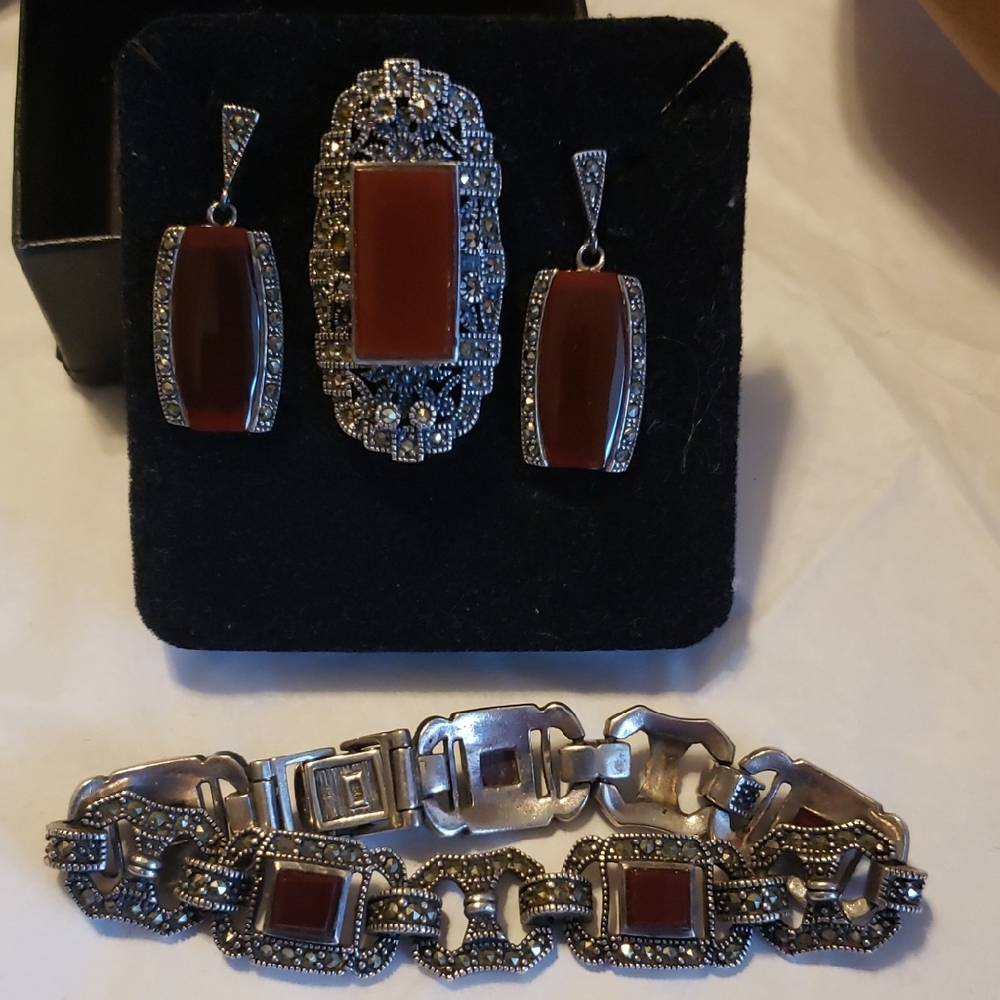 Old Silver 925 Jewelry Set,Carnelian Stone,Marcasite.Ring Size8.
